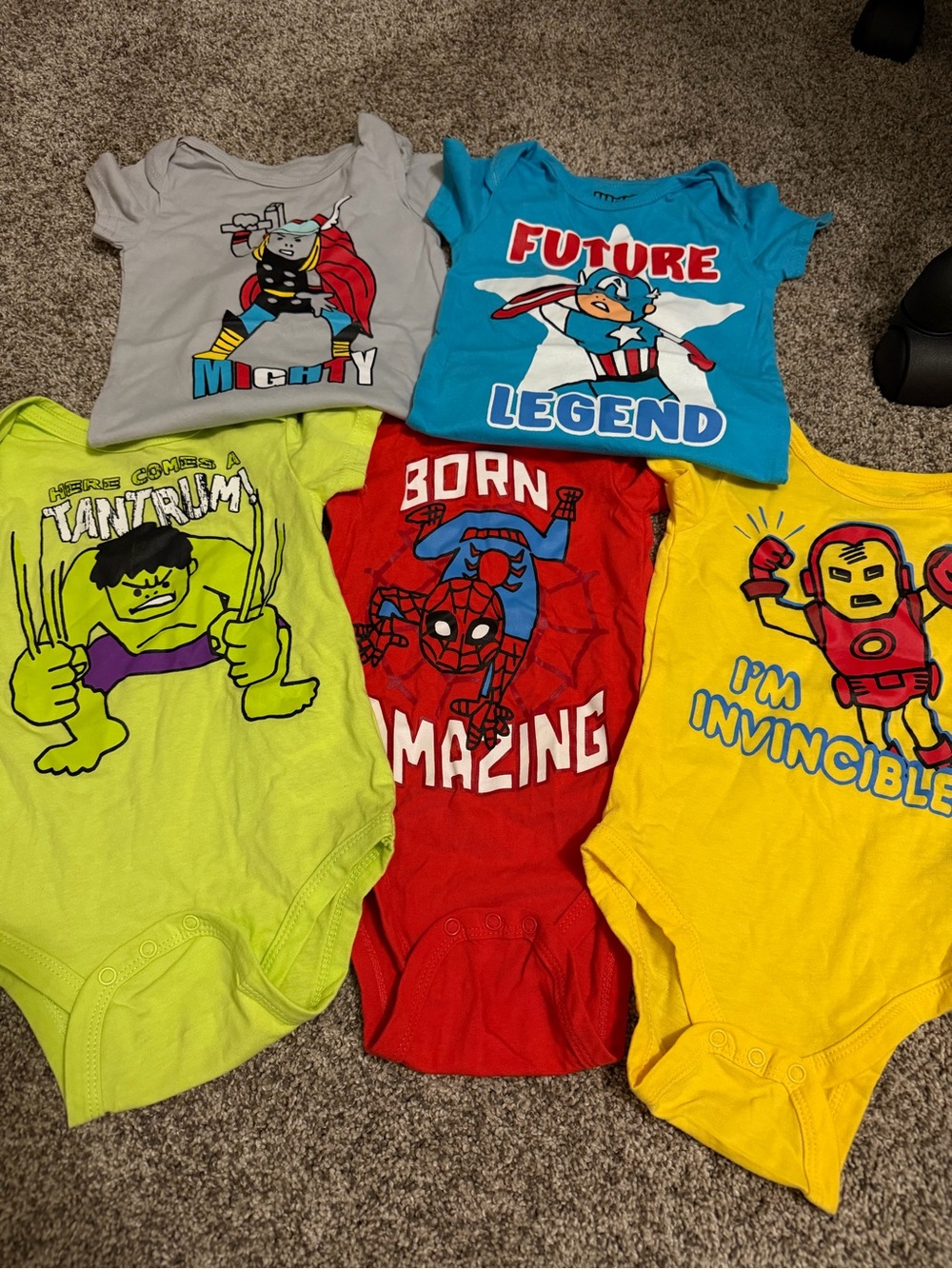 Marvel Baby One-Piece Bodysuits in Blue, Red, Yellow, Gray, Lime-Green